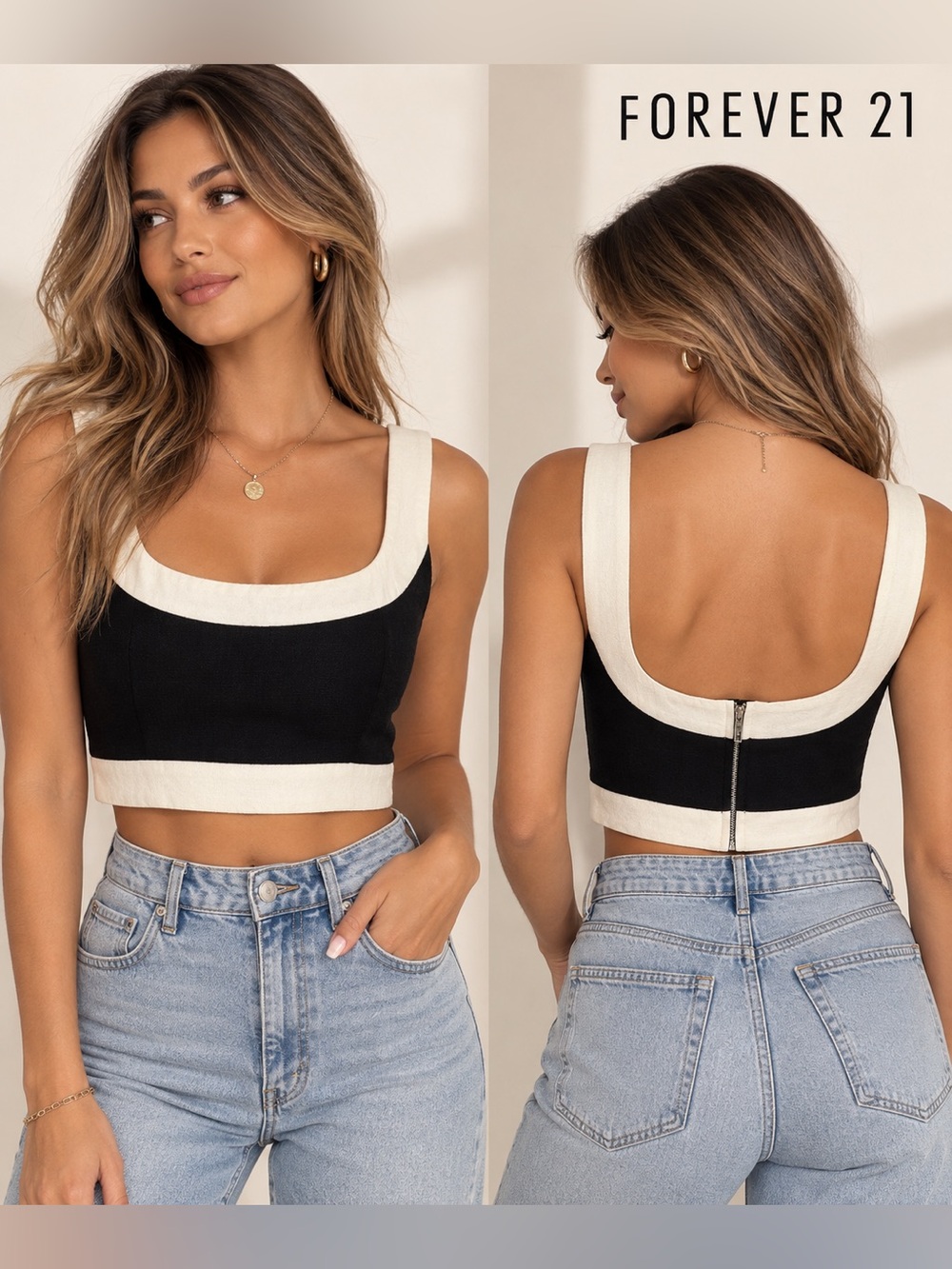 Forever 21 Colorblock Crop Tank Top Black & Cream Size S